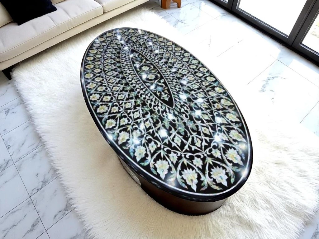 Elegant Oval Dining Table with Floral Mother-of-Pearl Inlay Gemstones